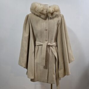 Country Pacer thick vintage cream tan faux fur cape with belt